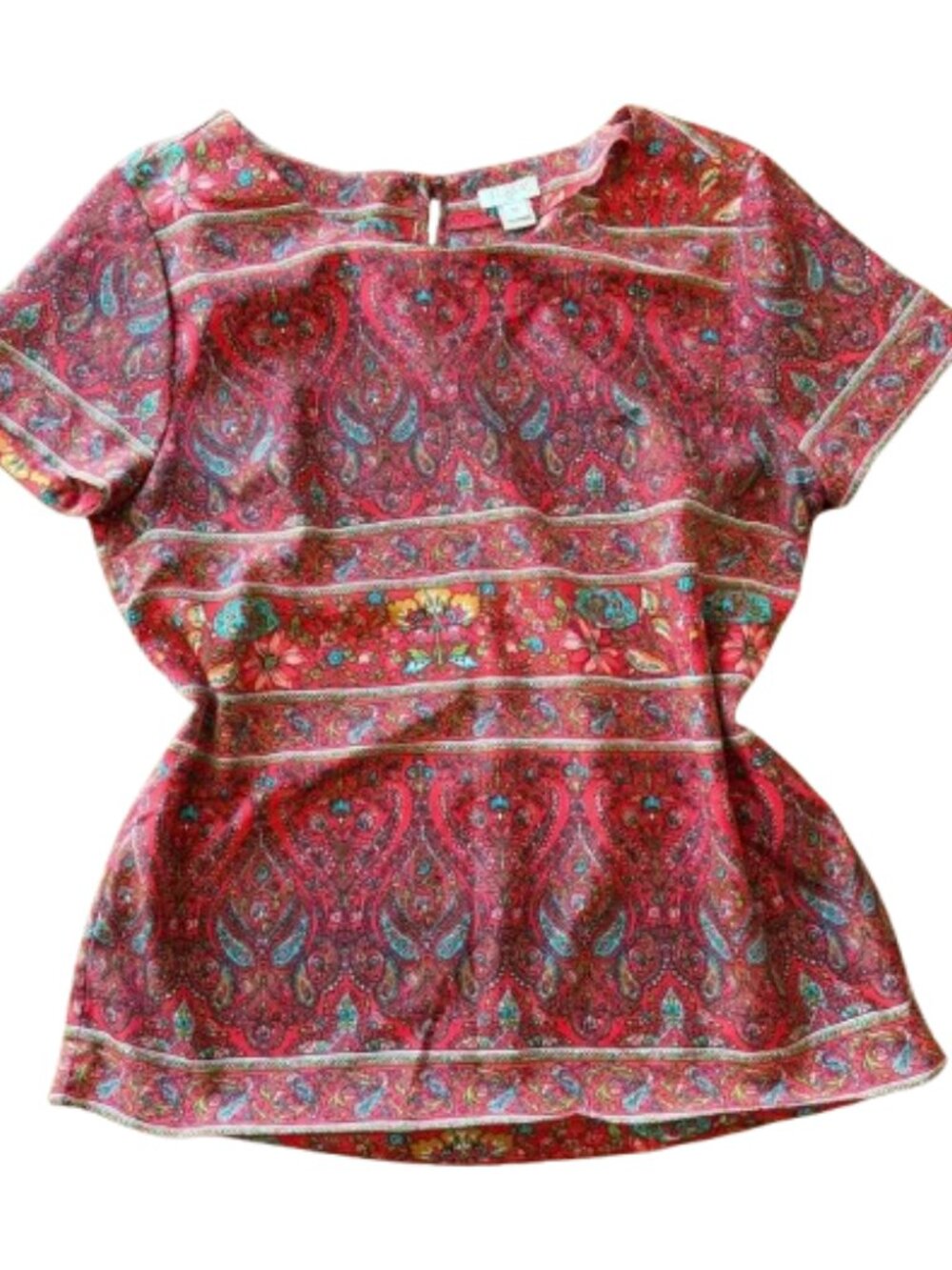 J. Crew Red Paisley Floral Print Blouse Size XS Short Sleeve Keyhole Back